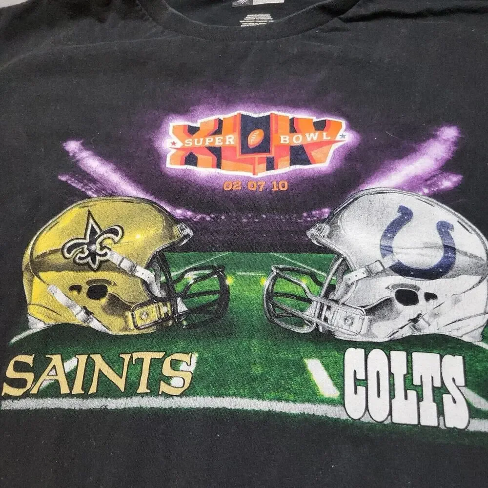 Colts Saints Shirt Mens Large Short Sleeve Black Super Bowl XLIV 2010‎ Logo Top